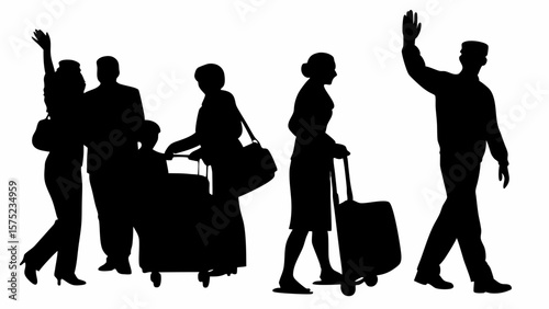 Silhouette of people with luggage at an airport terminal waving goodbye to someone at the airport terminal | editable eps vectors