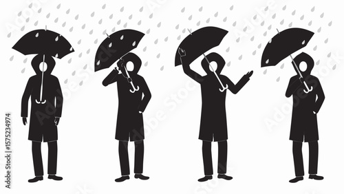Four silhouettes of people in raincoats holding umbrellas under falling rain in a black and white image | editable eps vectors