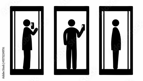 Three stylized figures in frames one taking a selfie and one facing away all in black and white style | editable eps vectors silhouette