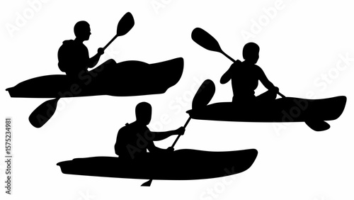 Three silhouettes of people kayaking with paddles in a white background showing outdoor activity enjoyment | editable eps vectors