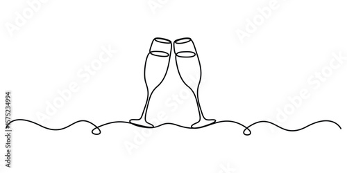 Continuous one line drawing of hand-drawn glasses of wine cheering isolated on a white background. Vector illustration