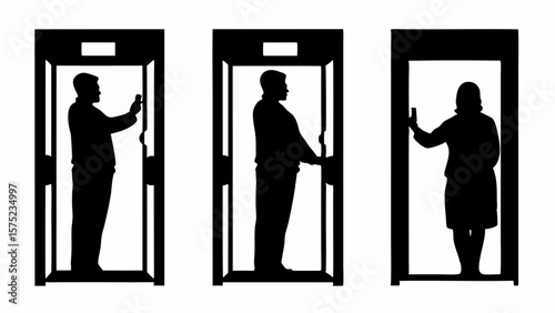 Silhouettes of people using automatic doors with sensors in a minimalist black and white illustration | editable eps vectors