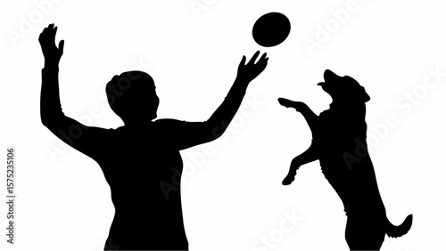 Silhouette of a person throwing a frisbee for a dog who is jumping to catch it in a playful scene | editable eps vectors