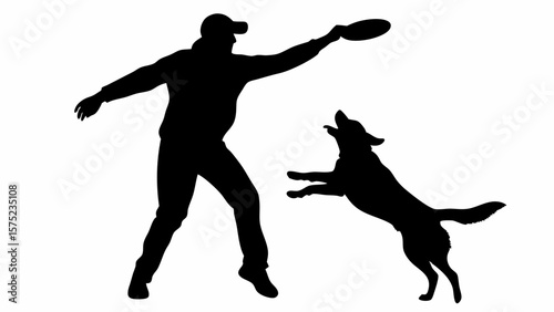 Silhouette of a man throwing a frisbee for a dog that is jumping in the air to catch it outside today | editable eps vectors