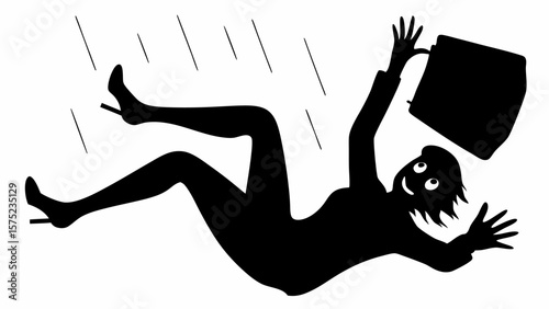 Silhouette of a woman falling backwards in the rain with a briefcase and wearing high heels on a white background | editable eps vectors