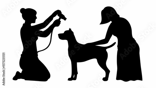 Silhouette of two women grooming a dog with a hair dryer and petting it on a white background scene | editable eps vectors