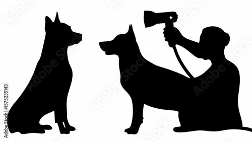 Silhouette of dogs with one being groomed by a person holding a hair dryer in a black and white image | editable eps vectors