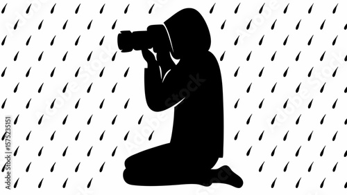 Silhouette of a photographer with a camera kneeling in what appears to be rain on a white background | editable eps vectors