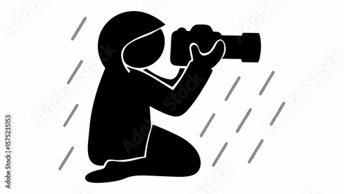 Silhouette of photographer in rain taking picture with camera and long lens in black and white style | editable eps vectors