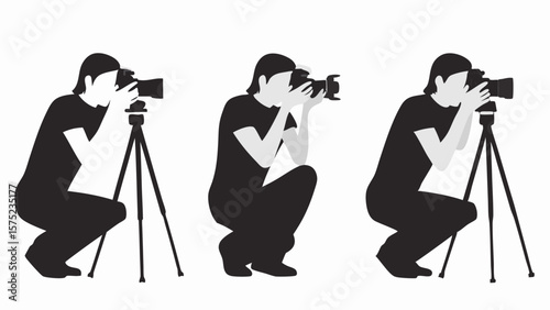 Three photographers squatting and taking pictures with cameras mounted on tripods in black and white | editable eps vectors silhouette