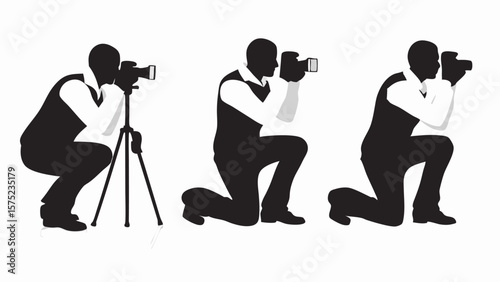 Silhouettes of photographers in various poses holding cameras and using a tripod on a white background | editable eps vectors