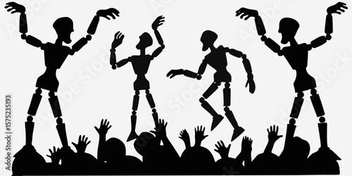 Silhouette of four articulated figures dancing above a crowd of people with raised hands in monochrome style | editable eps vectors
