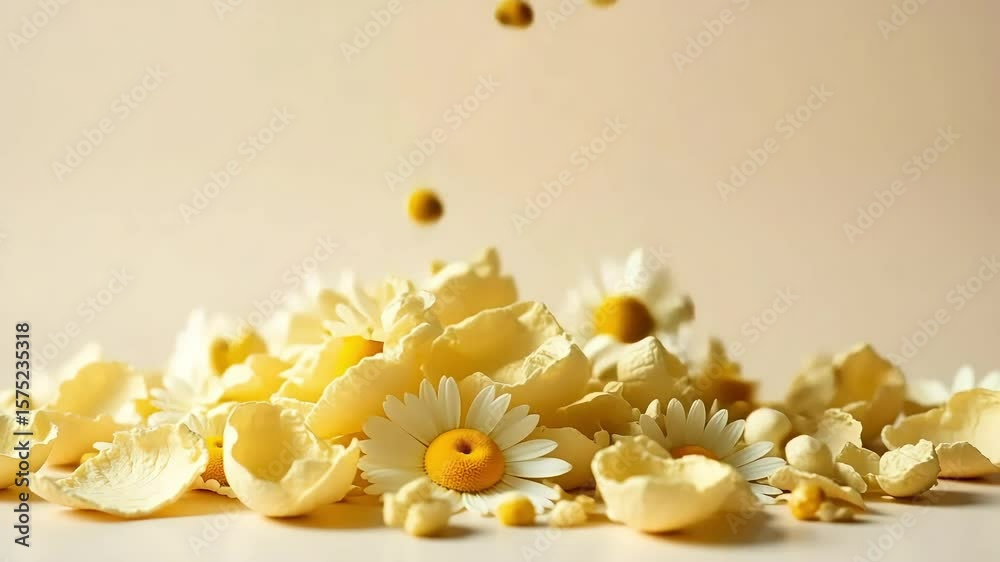 Delicate chamomile flowers bloom among floating eggshell pieces in a serene, pastel-colored, studio shot, showcasing botanical beauty.