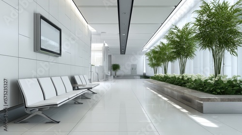 White corridor in a modern building with minimalistic waiting seats, indoor plants, and an empty wall space for a poster, creating a luxurious atmosphere.