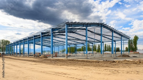 Wide-angle shot of industrial building under construction, showcasing steel skeleton, open roof frames and ground prep.