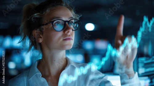 Woman in professional attire analyzing virtual graphs and market reports on floating screen, technology office background.