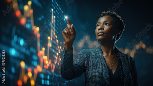 Woman in professional attire analyzing virtual graphs and market reports on floating screen, technology office background.
