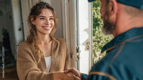 Woman smiling and shaking hands with a uniformed repairman at the door, bright home interior, sunlight through window.