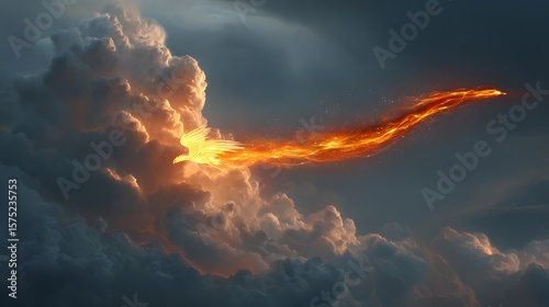 A divine phoenix god flying through a stormy sky, leaving a trail of fire