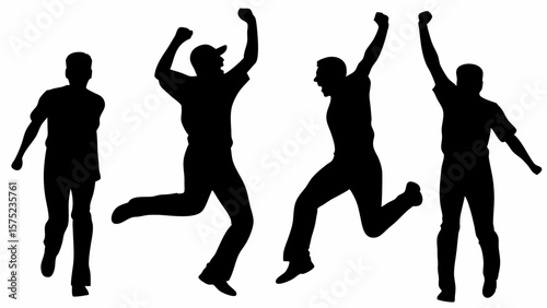 Silhouette of four people jumping and raising their arms in a celebratory gesture of excitement | editable eps vectors