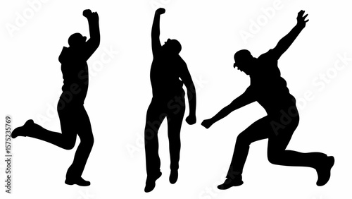 Silhouettes of three people in dynamic poses jumping and reaching with arms raised in celebration joy | editable eps vectors