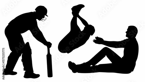 Silhouette of cricket player with bat and two men exercising on the ground in black and white image | editable eps vectors