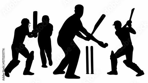 Silhouette illustration depicting a cricket match with batsmen and wickets in a dynamic scene setup | editable eps vectors
