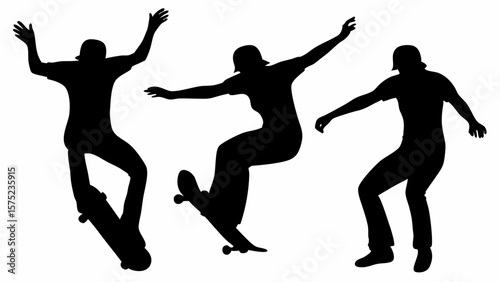 Silhouettes of three skateboarders performing different tricks with their skateboards on white background | editable eps vectors