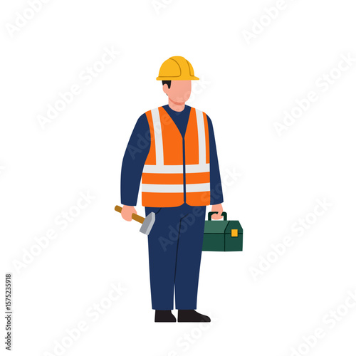 A faceless construction worker stands isolated against a white backdrop, wearing a hard hat and safety vest, holding a toolbox and hammer, ready for work.