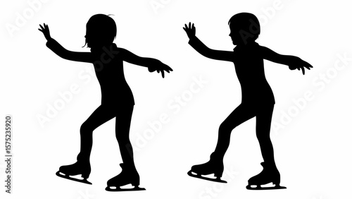 Two silhouettes of young ice skaters performing on a white background in a graceful skating pose | editable eps vectors
