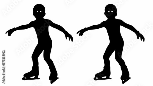 Two black silhouettes of ice skaters with arms outstretched on a white background skating rink pose | editable eps vectors