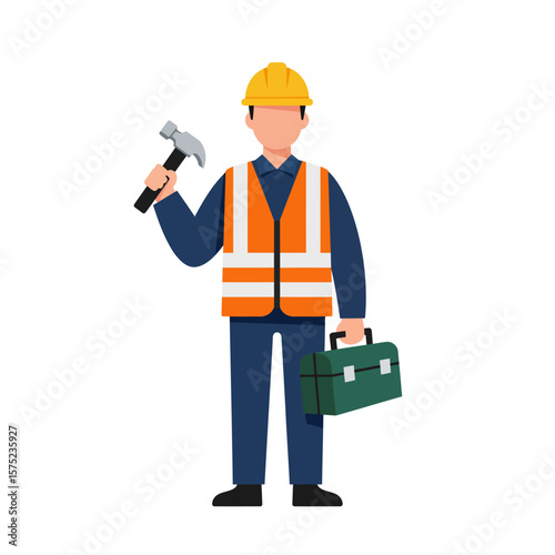 A construction worker in a yellow hard hat and safety vest holds a hammer and toolbox, ready for work on a white background.