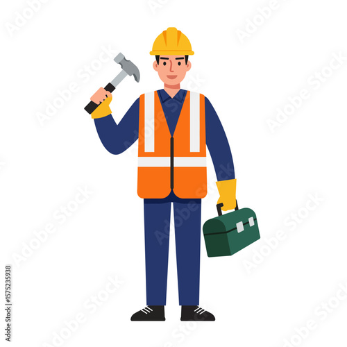 A friendly construction worker, wearing a safety helmet and vest, confidently holds a hammer and a toolbox, ready for work on a construction site or home improvement project.