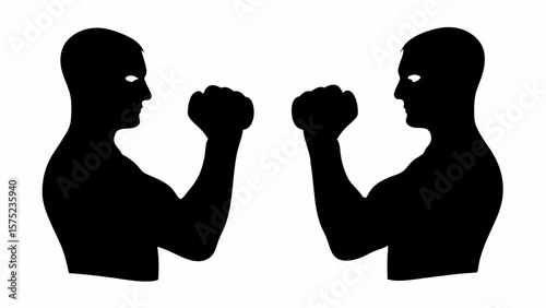Two silhouette figures facing each other with raised fists in a fighting or boxing stance ready to engage | editable eps vectors