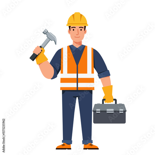 A construction worker in a hard hat and safety vest holds a hammer and toolbox, ready for a day of building and repair.