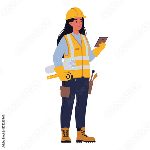 A confident female construction engineer stands holding a digital tablet and blueprints, depicted in a modern flat illustration style.