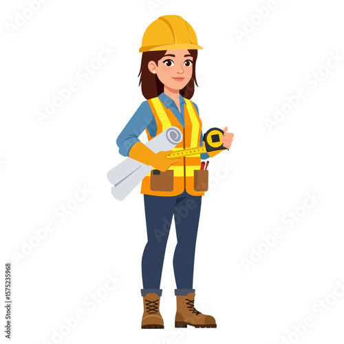A cheerful female construction worker in a yellow hard hat and safety vest stands confidently with blueprints and a measuring tape against a white background.