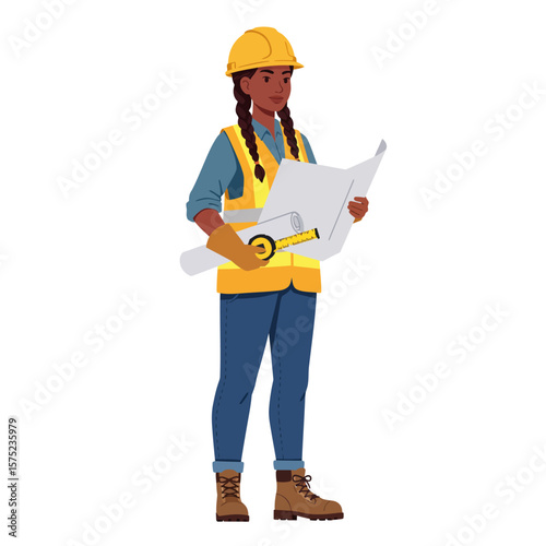 A female construction worker in a hard hat and safety vest reviews blueprints with a measuring tape, ready for a project.