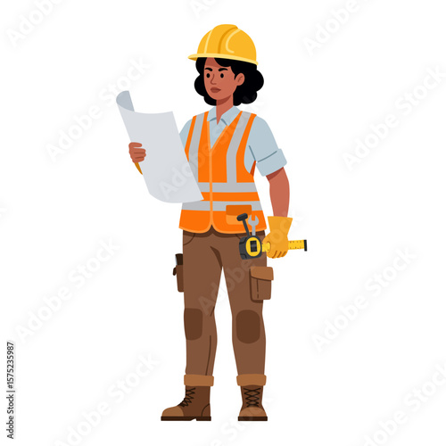 A focused female construction worker, wearing a yellow hard hat and orange safety vest, meticulously reviews architectural blueprints.