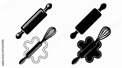 Illustration showing two rolling pins and whisks in black and white kitchen utensils for baking design | editable eps vectors silhouette