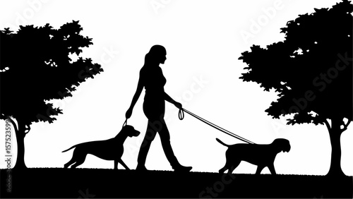 Silhouette of a woman walking two dogs between trees in a park on a sunny day outdoors scene is depicted | editable eps vectors