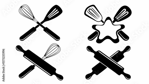 Illustration of crossed baking utensils including a whisk spatula and rolling pin on a white background | editable eps vectors silhouette