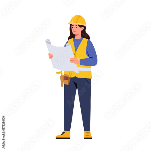 A female construction worker in a yellow vest and helmet carefully reviews blueprints for an upcoming building project, showcasing her expertise and professionalism in the field.