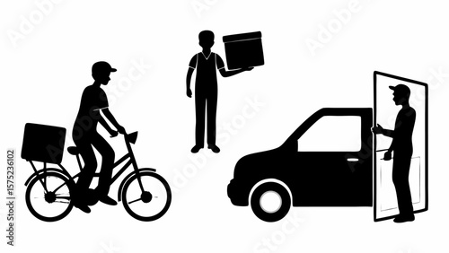 Silhouetted delivery people with a bicycle a box and a truck delivering to a door on a white background | editable eps vectors