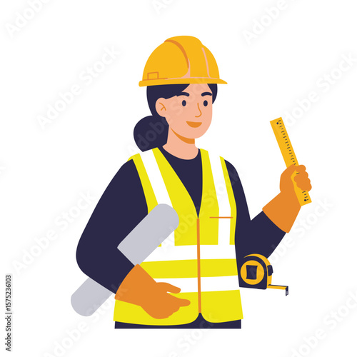A female construction worker, wearing a yellow hard hat and safety vest, holds a blueprint, ruler, and measuring tape, representing the building industry and construction.