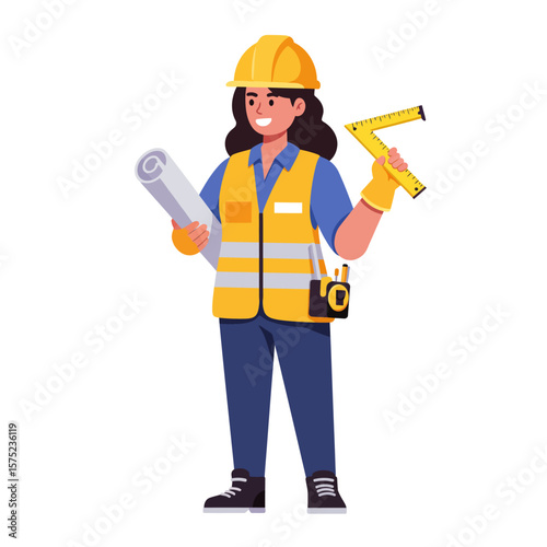 A smiling female construction worker in a hard hat and safety vest holds a blueprint and a measuring square, ready to build and innovate.
