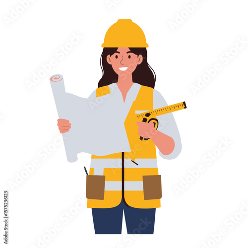 A smiling female engineer wearing a hard hat and safety vest holds blueprints and a measuring tape, ready for construction work.