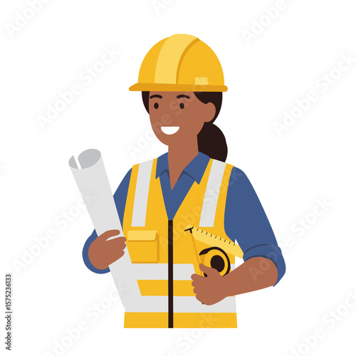 A smiling female architect, wearing a yellow hardhat and safety vest, confidently holds blueprints and a measuring tape, ready to oversee a construction project.
