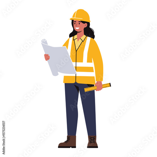 A female construction worker, wearing a yellow hard hat and safety vest, carefully reviews blueprints while holding a level, demonstrating professionalism and expertise.