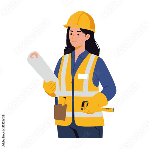 A female construction worker in a hard hat and safety vest holds blueprints and a measuring tape, ready to oversee a building project with precision and expertise.